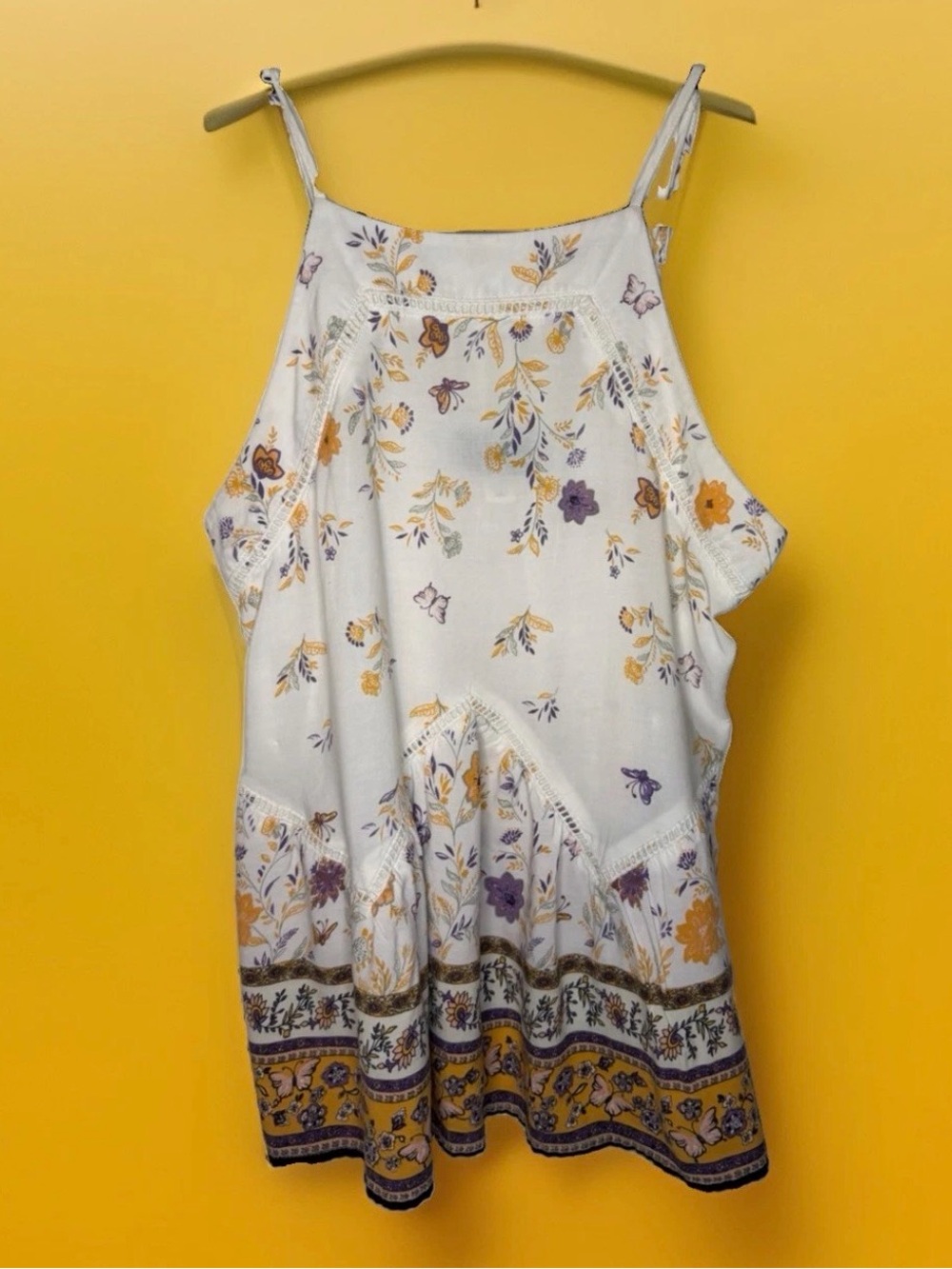 Floral Border Print Spaghetti Strap Tank Top - White/Yellow